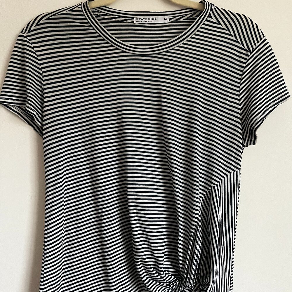 Stateside Womens Twist Front T-Shirt Short Sleeve Crew Neck Striped Black Size M